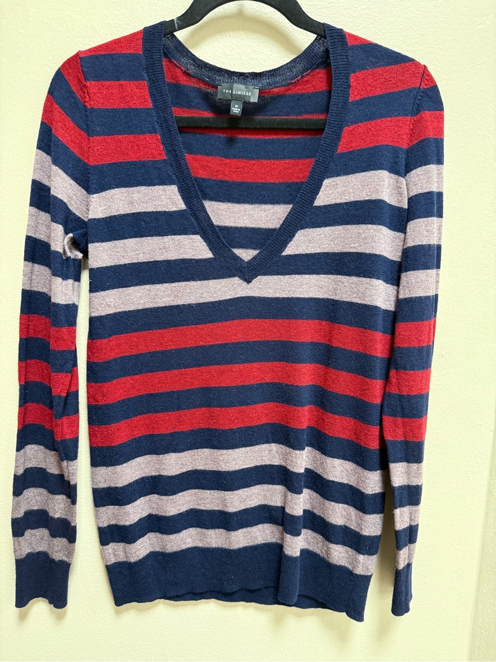 The Limited V Neck Sweater Red Purple Navy Striped Light Weight Wool Blend Med.